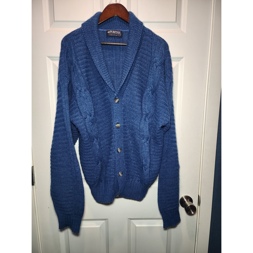 Vintage Puritan Mens Blue Shawl Collar Cardigan Wool Sweater 70s Made in USA XL